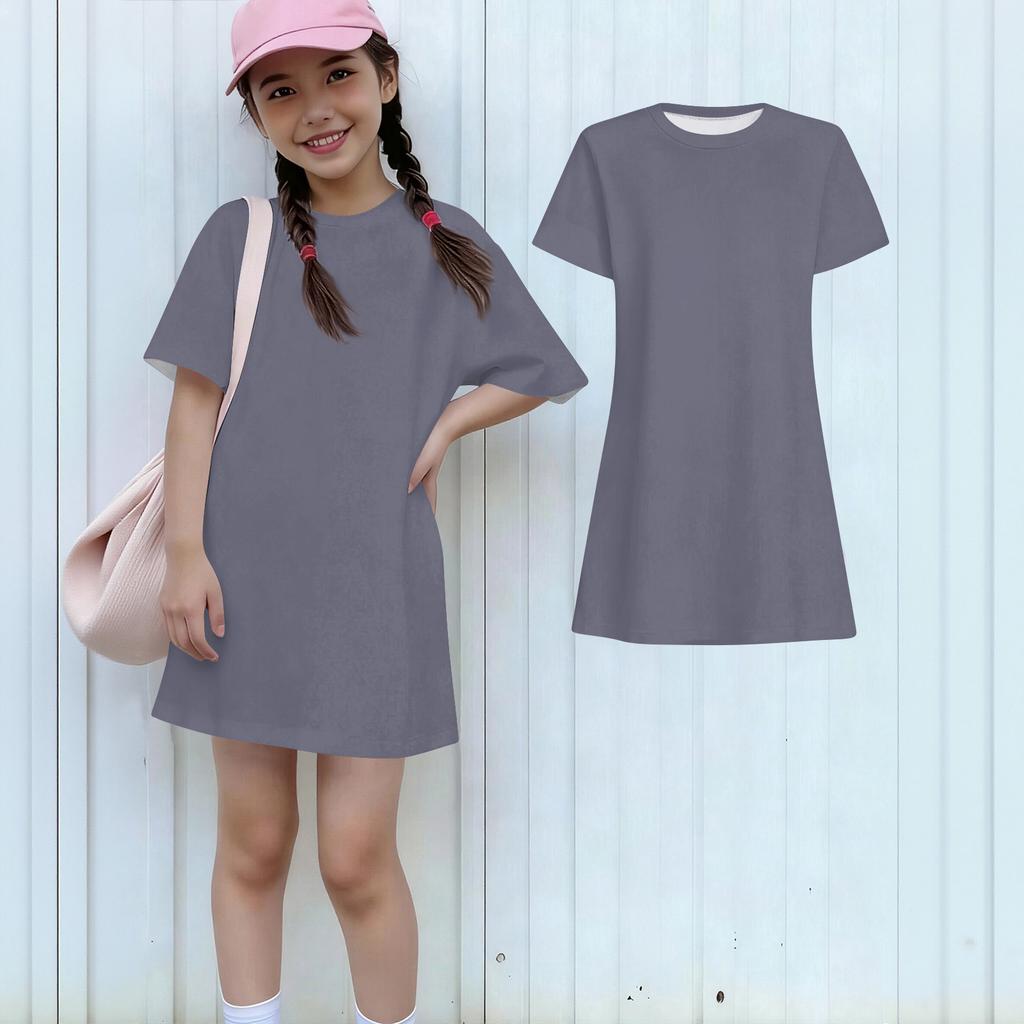 Girls Casual Sundress Kids Loose Round Neck Short Sleeve Lightweight Dress