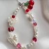 Korean Cute Red Cherry Bow Pearl Phone Chain Lanyard Charm Strap Wrist Bead Hanging Cord Bracelet Keychain For Cell Phone