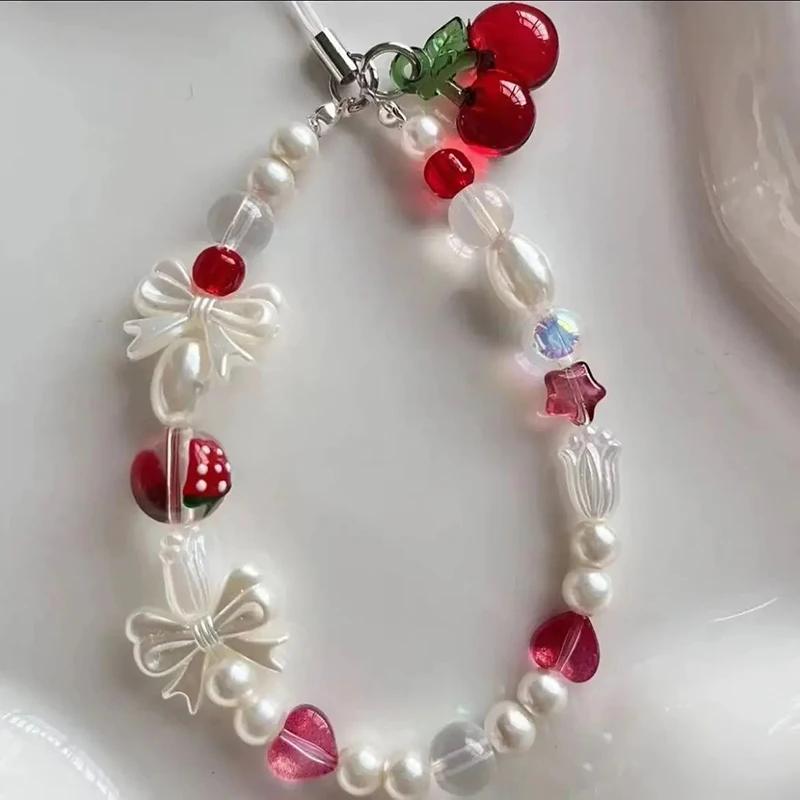 Korean Cute Red Cherry Bow Pearl Phone Chain Lanyard Charm Strap Wrist Bead Hanging Cord Bracelet Keychain For Cell Phone
