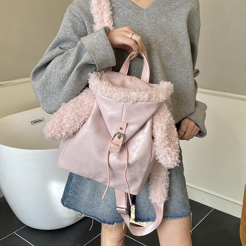 Schoolbag1011 New Rabbit Ears Lamb Wool Backpack Women's High Value Commuter Retro Student Schoolbag Going Out Small Backpack
