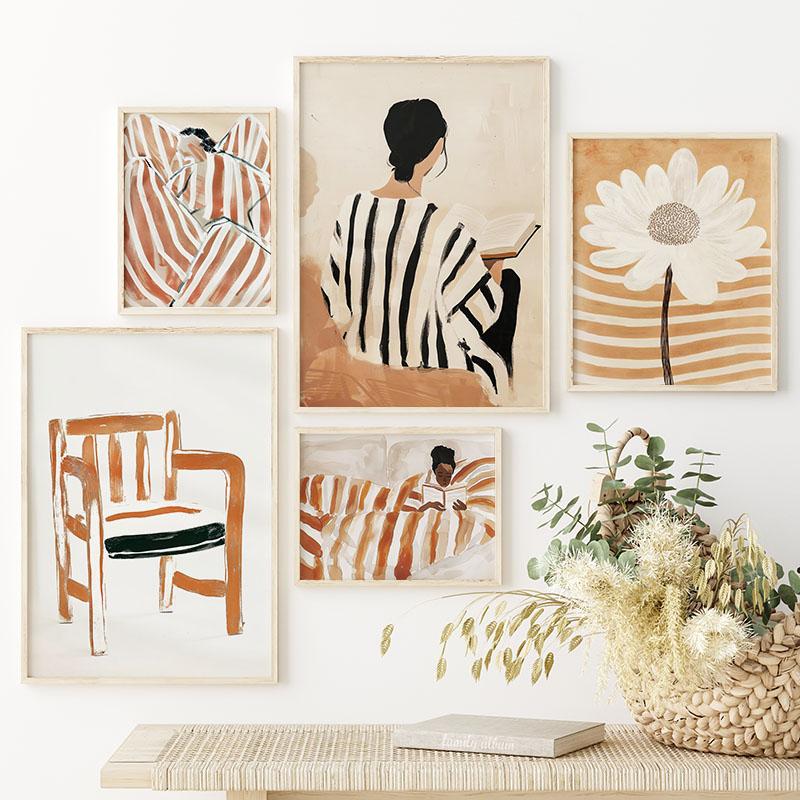 Striped Girl Book Vase Flower Wall Art Canvas Painting Abstract Posters And Prints Hotel Bar Wall Pictures For Living Room Decor