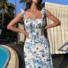 Summer New Women's Floral Print Long Dress Square Neck High Split Back Strap Sexy Dress Holiday Elegance