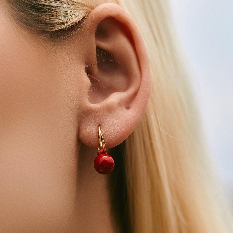 Gold Plated Matte Red Bead Drop Hook Earrings