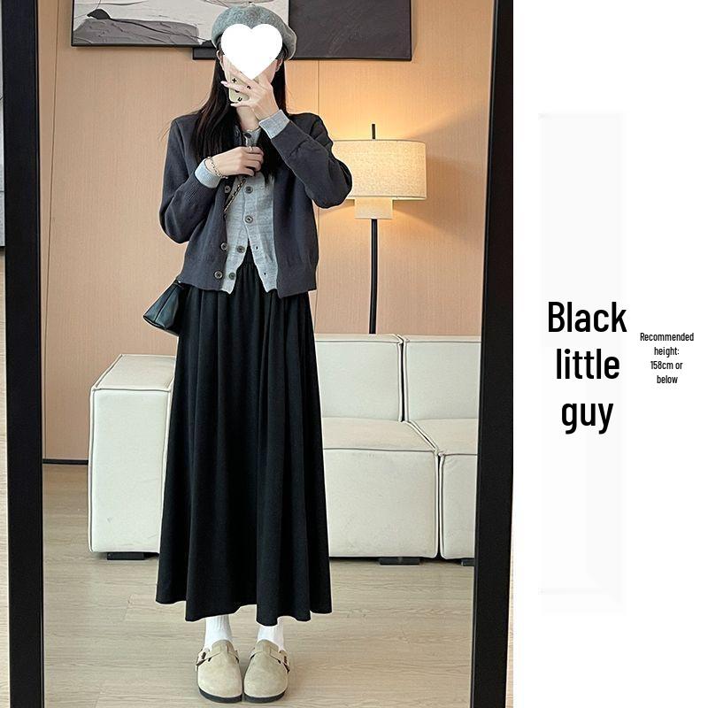 Deep Gray A-line Knit Skirt for Women - 2025 Spring Slimming Mid-length Umbrella Style