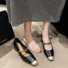 Color Matching Mary Jane Shoes Women's Xiaoxiangfeng Leather Shoes High Heels Single Shoes Women's 2025 New Golden Square Head 4cm Spring and Autumn