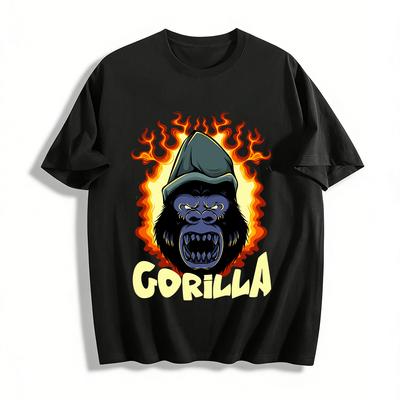 Fierce Gorilla With Flame Print Trendy Casual Crew Neck T-Shirt Pure Cotton T-shirt