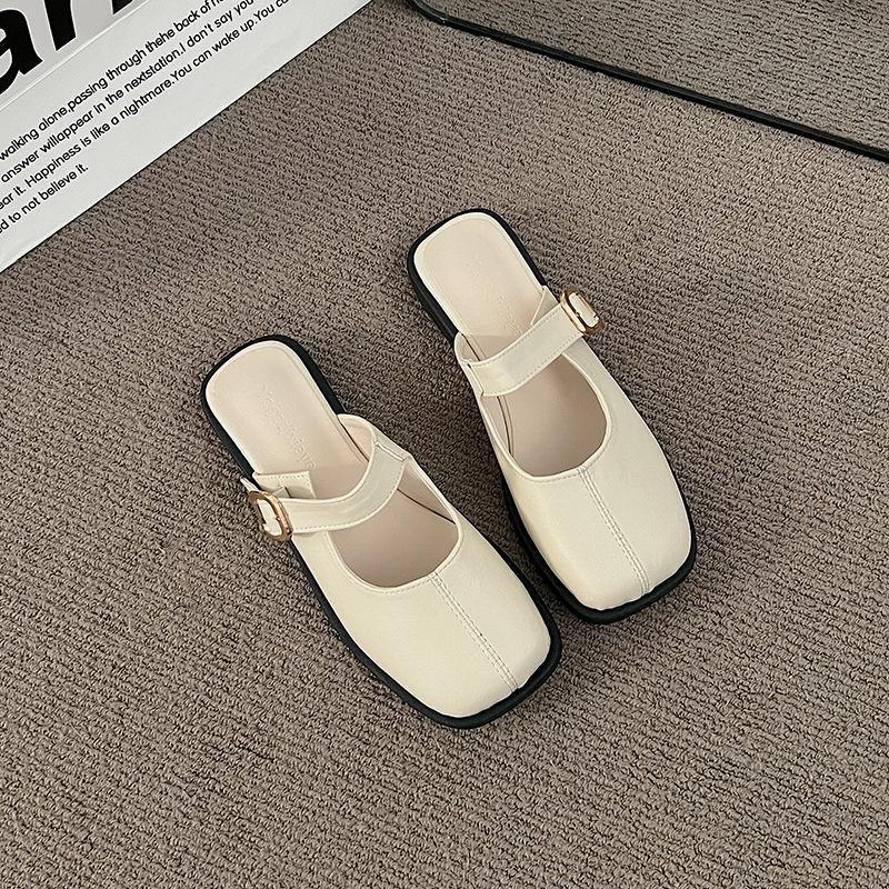 2024 Square Head Korean Version Belt Buckle Empty Single Shoes Sandals Spring New Lazy Slippers Fashion Bag Head Half Slippers
