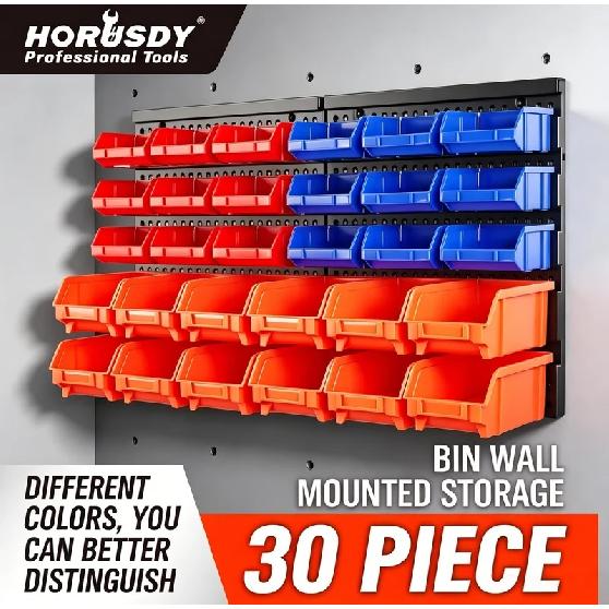 HORUSDY 30Pc Parts Storage Bins Wall Mounted Tool Organiser Board Tray Rack Workshop Box