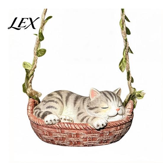 Sleeping Kitten Hanging Ornament Basket Cat Statue, Cute Figurine, Weatherproof Decor for Balcony Resin Outdoor Garden Patio Porch Decoration