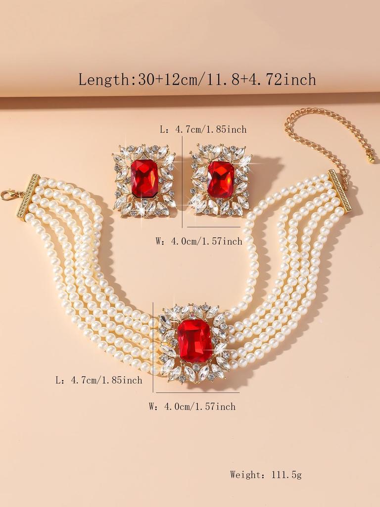 Set di Collana e Orecchini Geometrici in Perle Finte Multistrato e Cristalli Colorati di Lusso Europeo