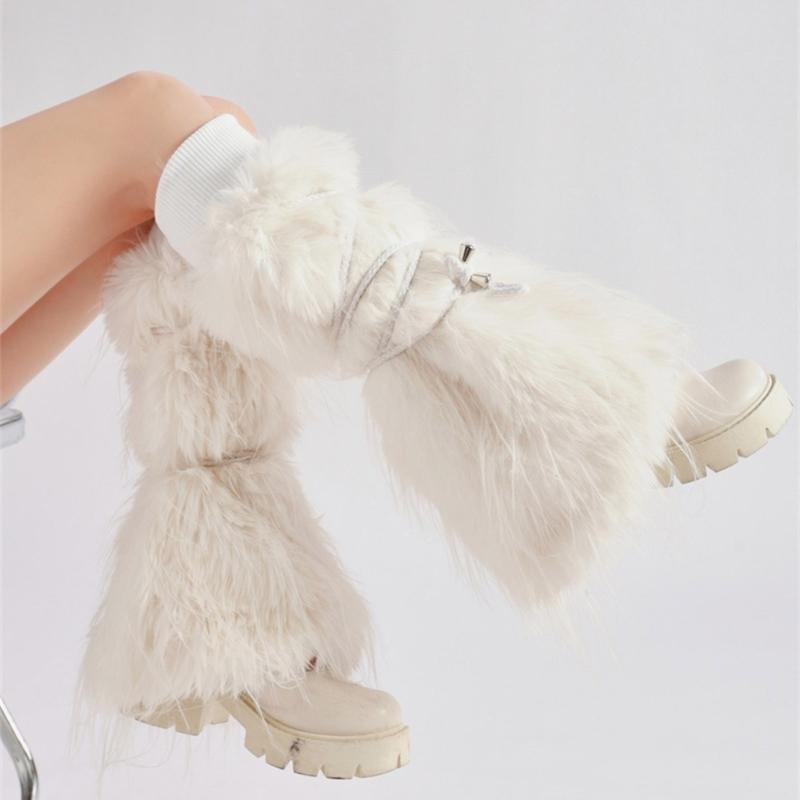 Women Harajuku Ribbed Cuffs Plush Leg Warmers with Ties Bandage Furry Boot Covers Flared Leg Sleeves Footless Socks