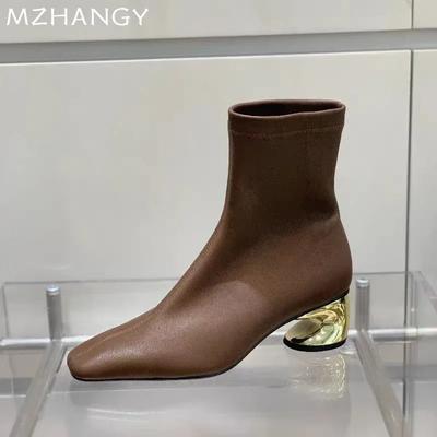 Women Leather Square Toe Ankle Boots Mid Heels Shoes Woman 2025 Trend Elegant Winter Dress Warm Pumps Chelsea Boots Mujer Botas