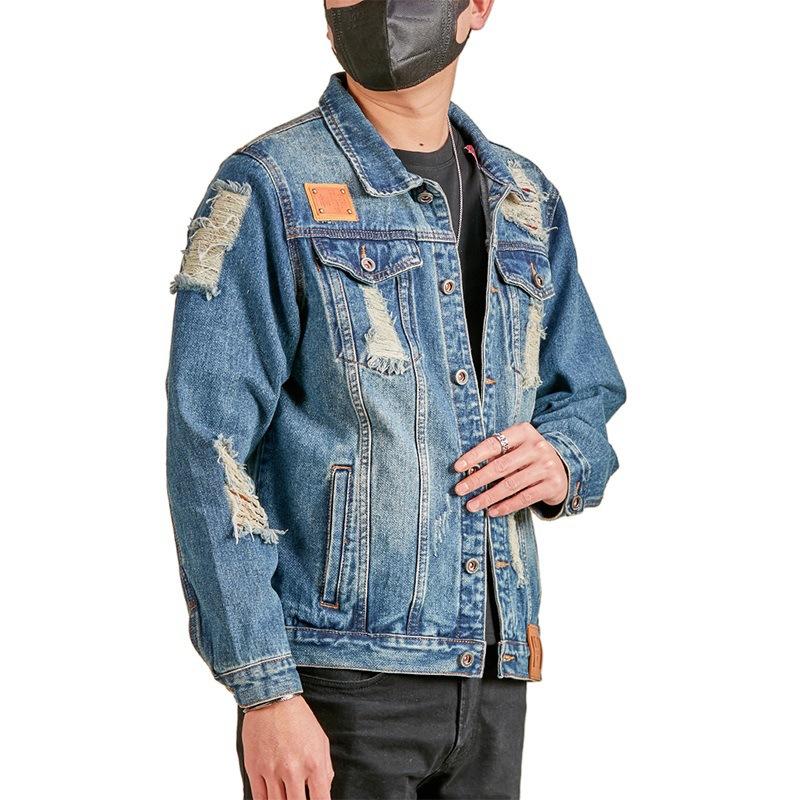 Spring and Autumn Ripped Denim Jacket Men's American High Street Work Jacket Boys Top