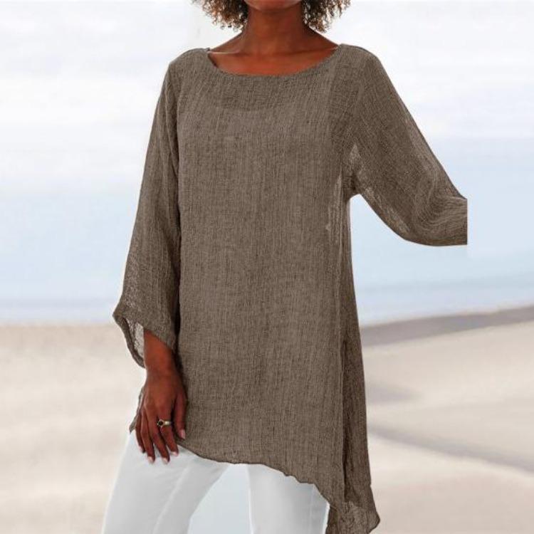 Autumn Chic Loose Pullover Blouse Long Sleeve O Neck Irregular Hem T Shirt Women