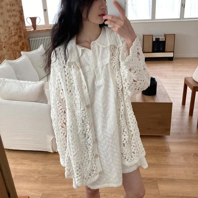 

DIMANAF 2025 Spring Blouse Shirt Women New Blouse Long Sleeve Basic Fashion Lace Casual Loose White Tees One Size бежевый
