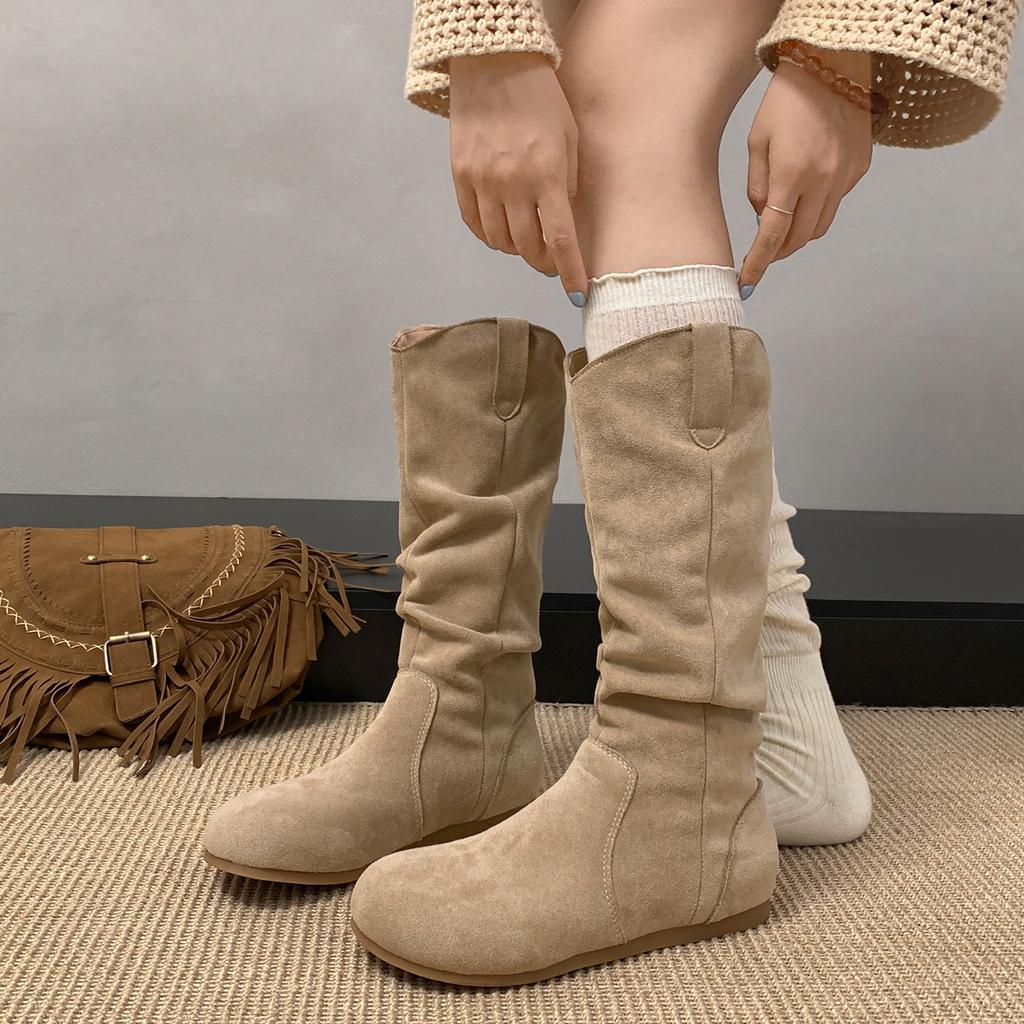 Brown Retro Flat Boots Children's Boots 2025 New Autumn Versatile Skirt Maillard Stacking Boots