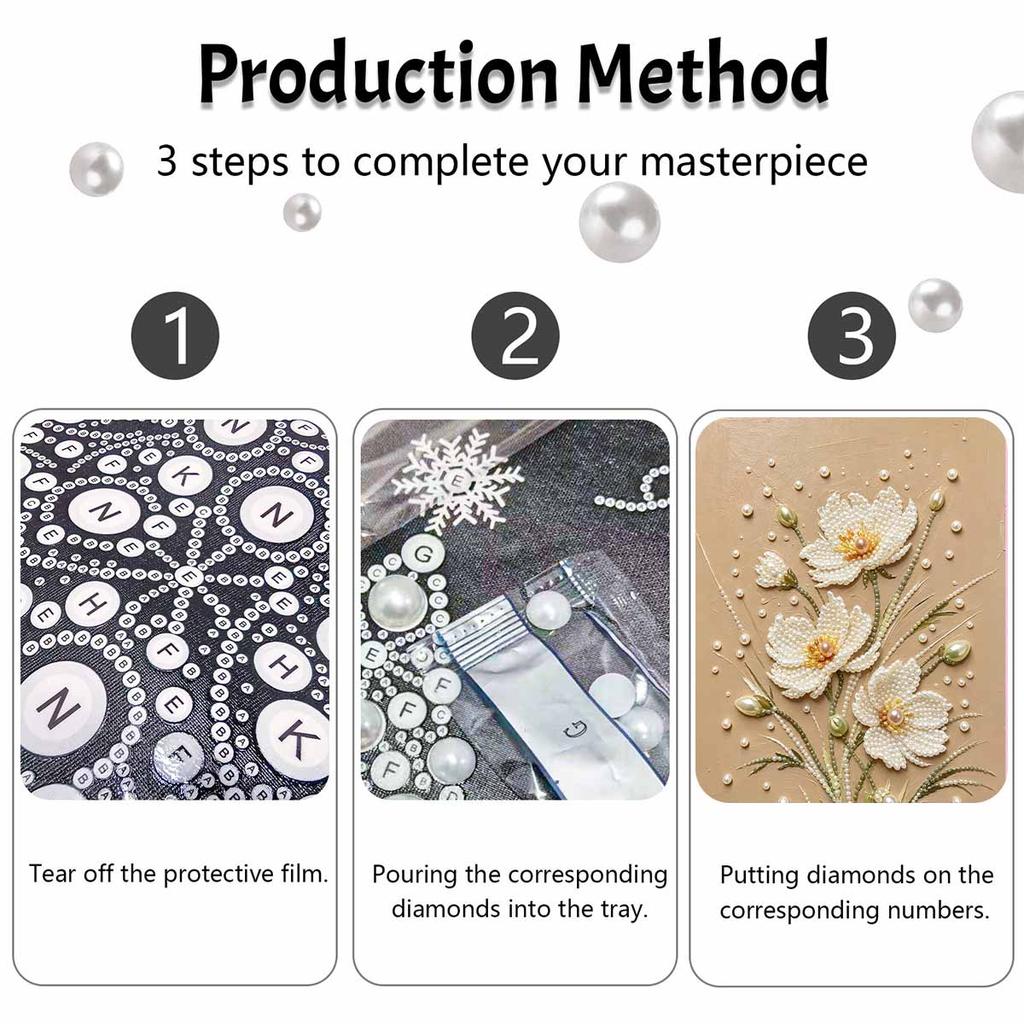 DIY Pearl and Diamond Painting Kit for Adults and Beginners. White Flower Art. Sparkling Craft. Home Wall Decor and Handmade Gifts