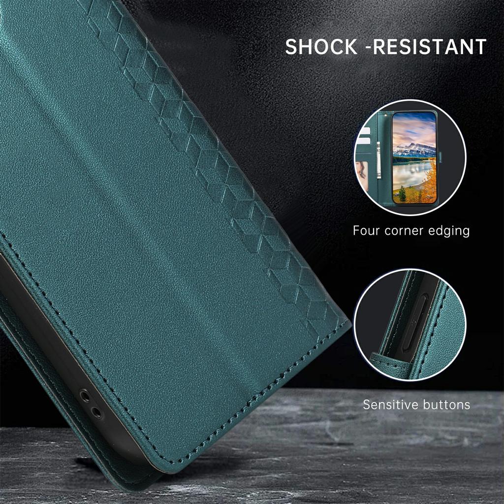 For iPhone 16 Case 3D Rhombus Grid Imprinted Wallet Leather Phone Cover with Lanyard