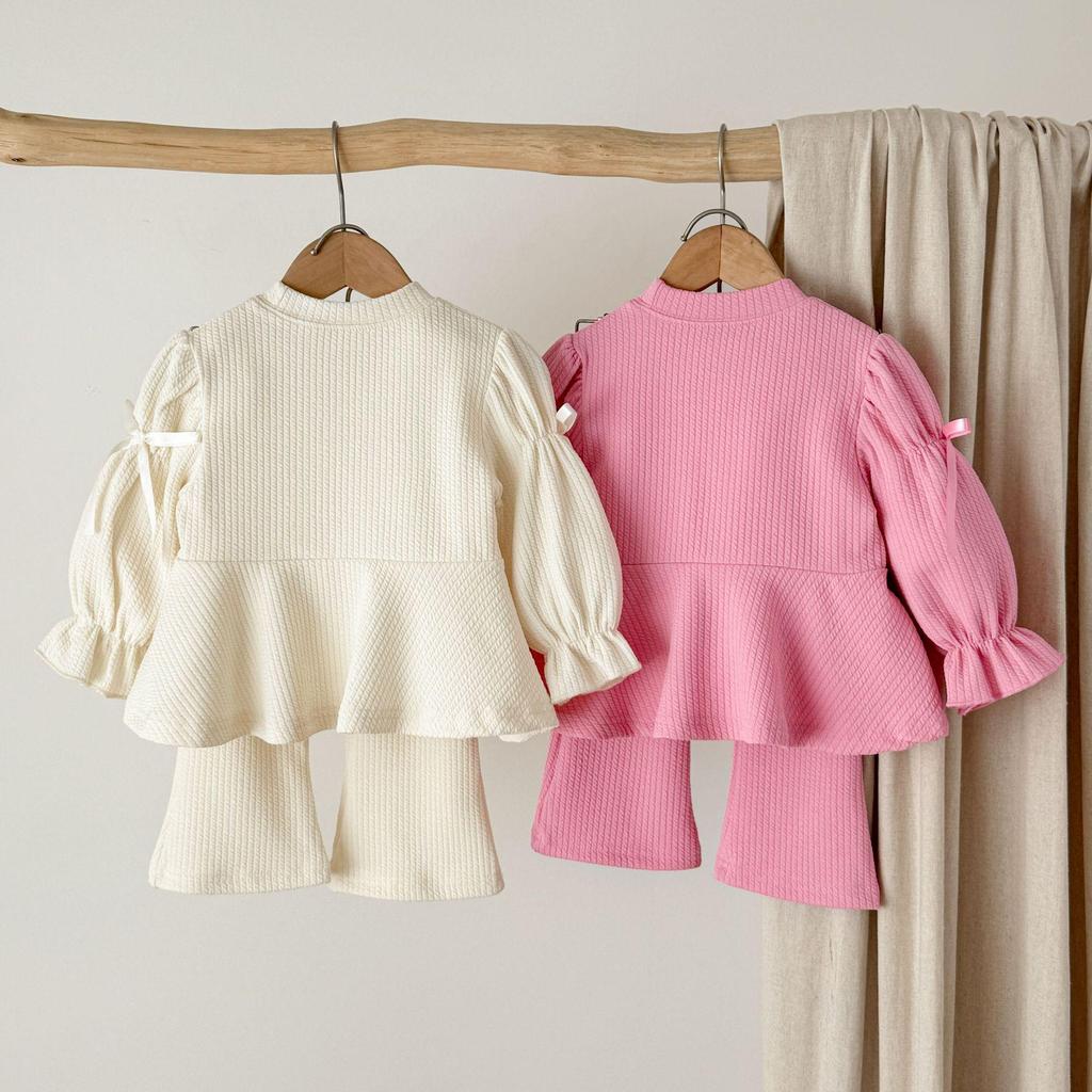 Koreanischer Stil Mädchen Anzug Langarm mit Schleife Rüsche Ausgestellte Hose - Kleinkinder und Kleine Kinder
