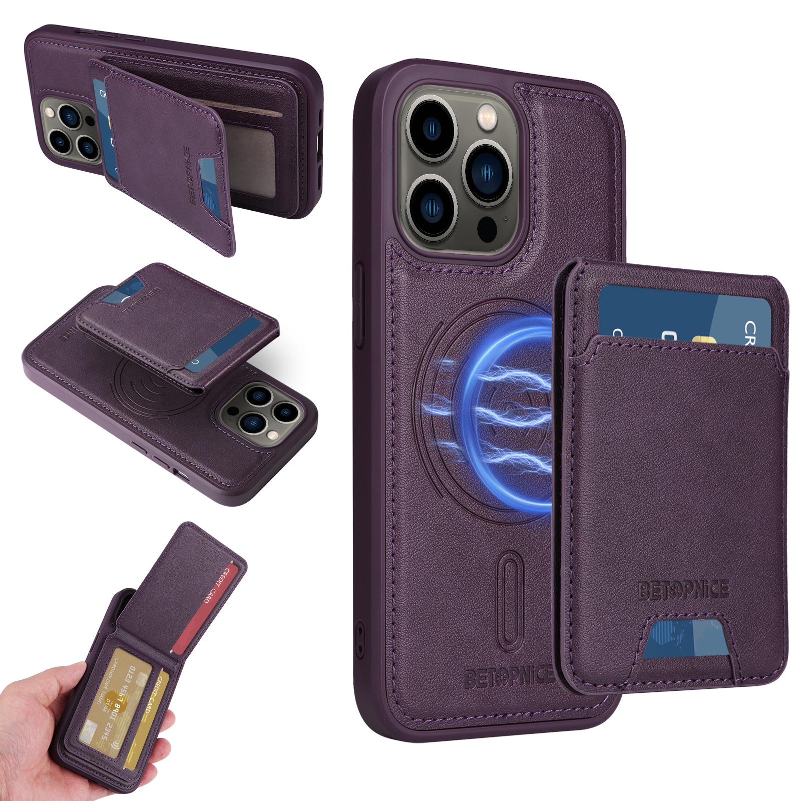 

For iPhone 13 Pro 6.1 inch Magnetic Case BETOPNICE RFID Blocking Leather Phone Back Cover with Detachable Card Bag Purple