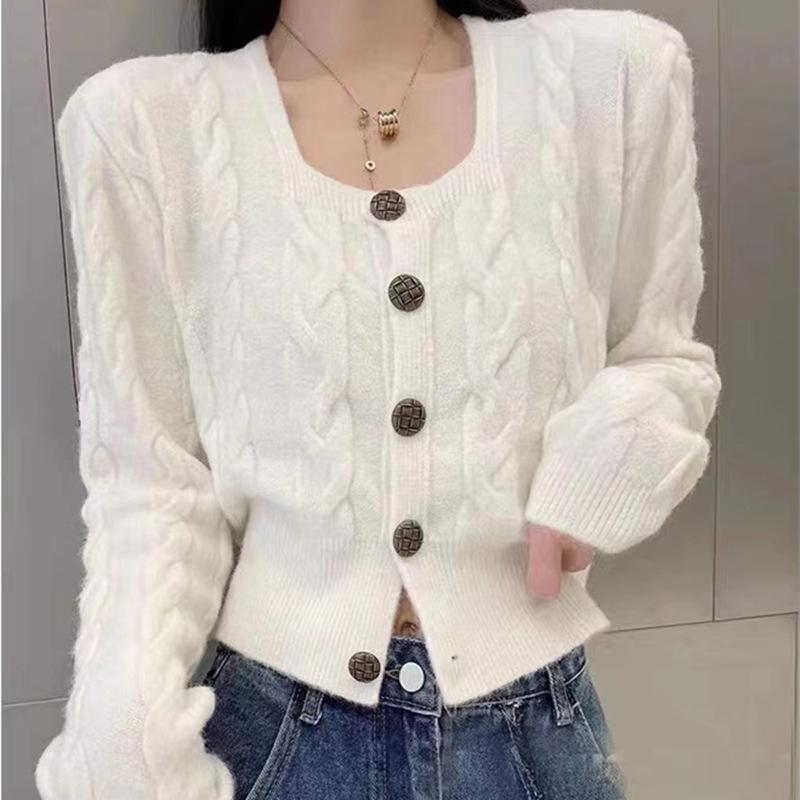 French small fragrant style square neck twist sweater cardigan women's style short waist and thin top knitted sweater