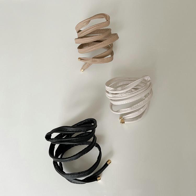 Japanese Style PU Leather Hair Tie Scrunchie with Shapeable Ribbon, Available In Three Colors