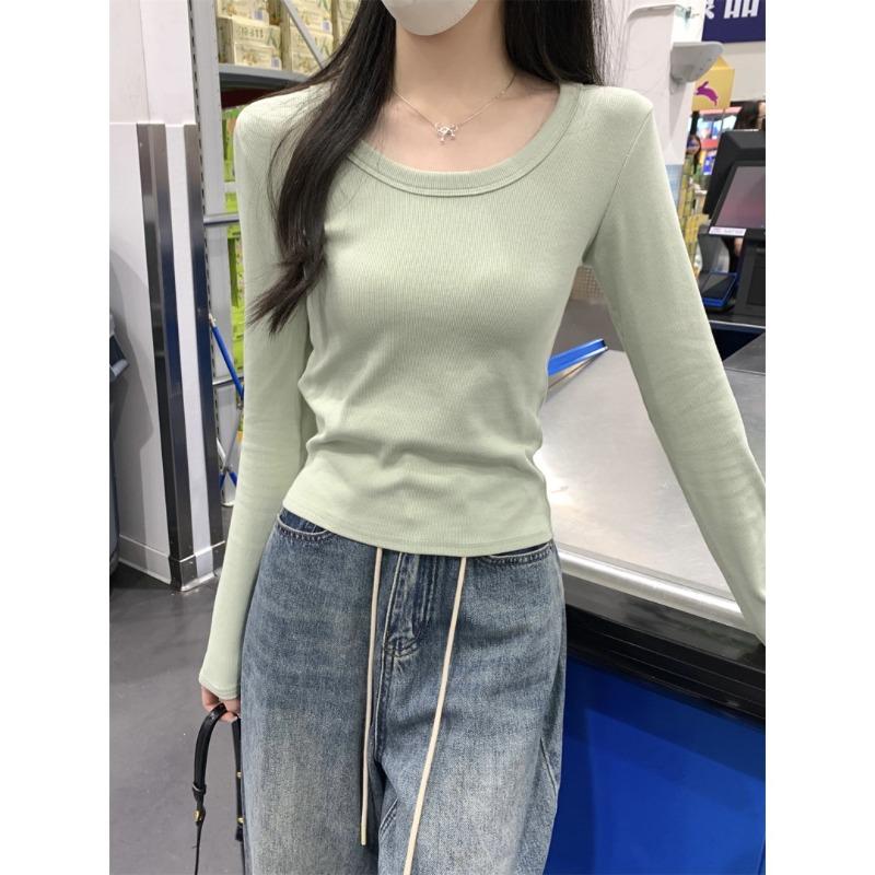 Spring shoulder Spice Girl long-sleeved bottoming shirt women's slim short top simple solid color inner shirt