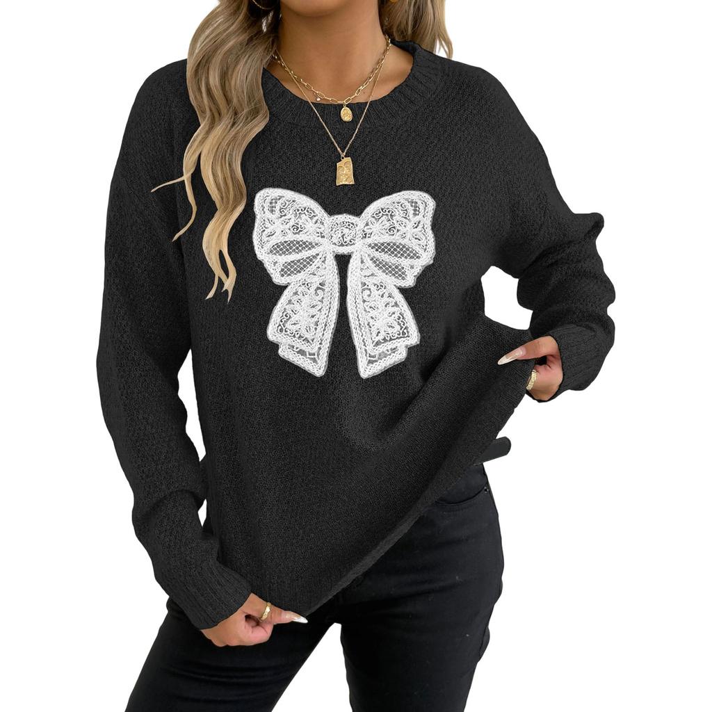 Women's Casual Round Neck Pullover Top Embroidered Lace Butterfly Sweater