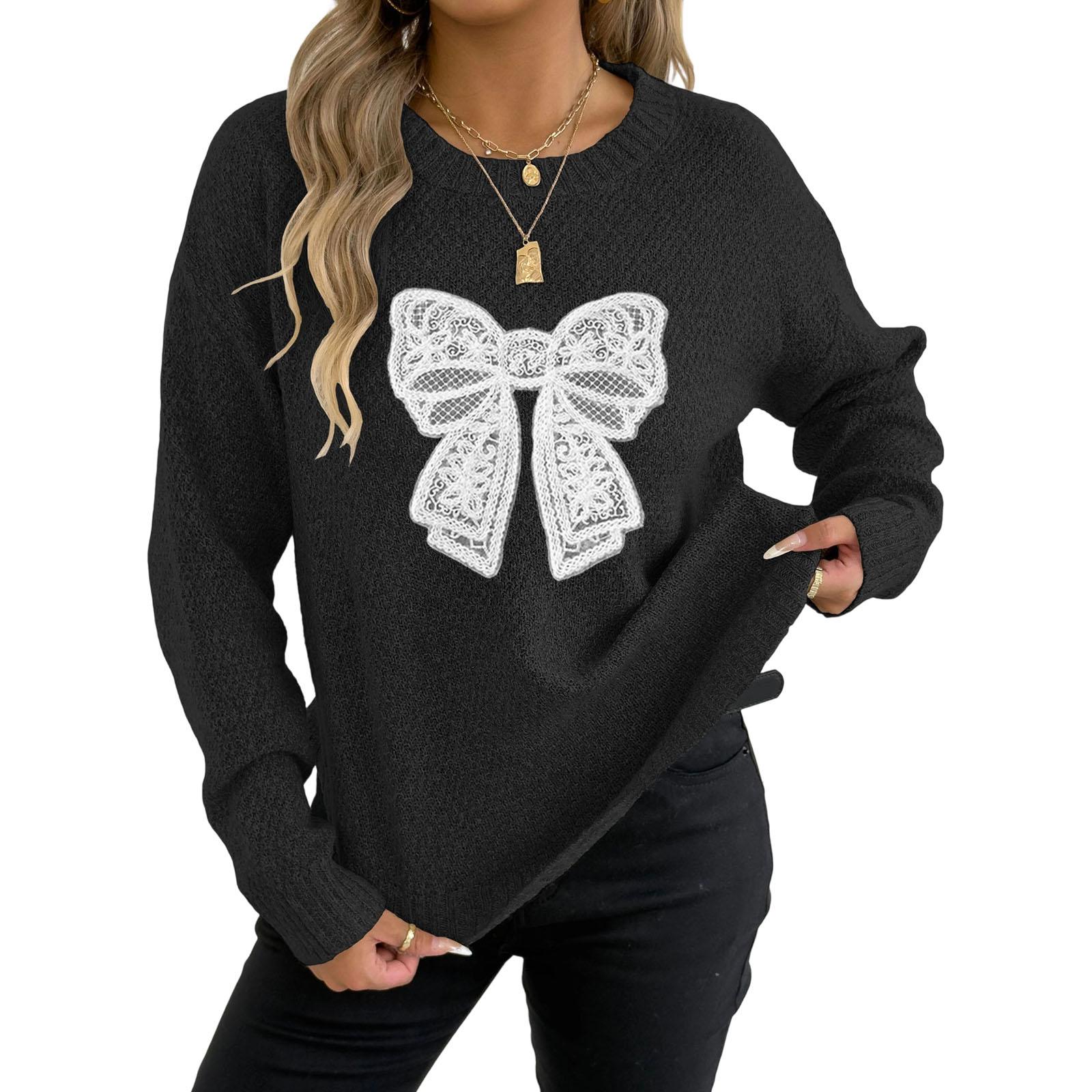 

Женский повседневный пуловер с круглым вырезом, свитер с вышивкой кружевом и бабочками S чёрный