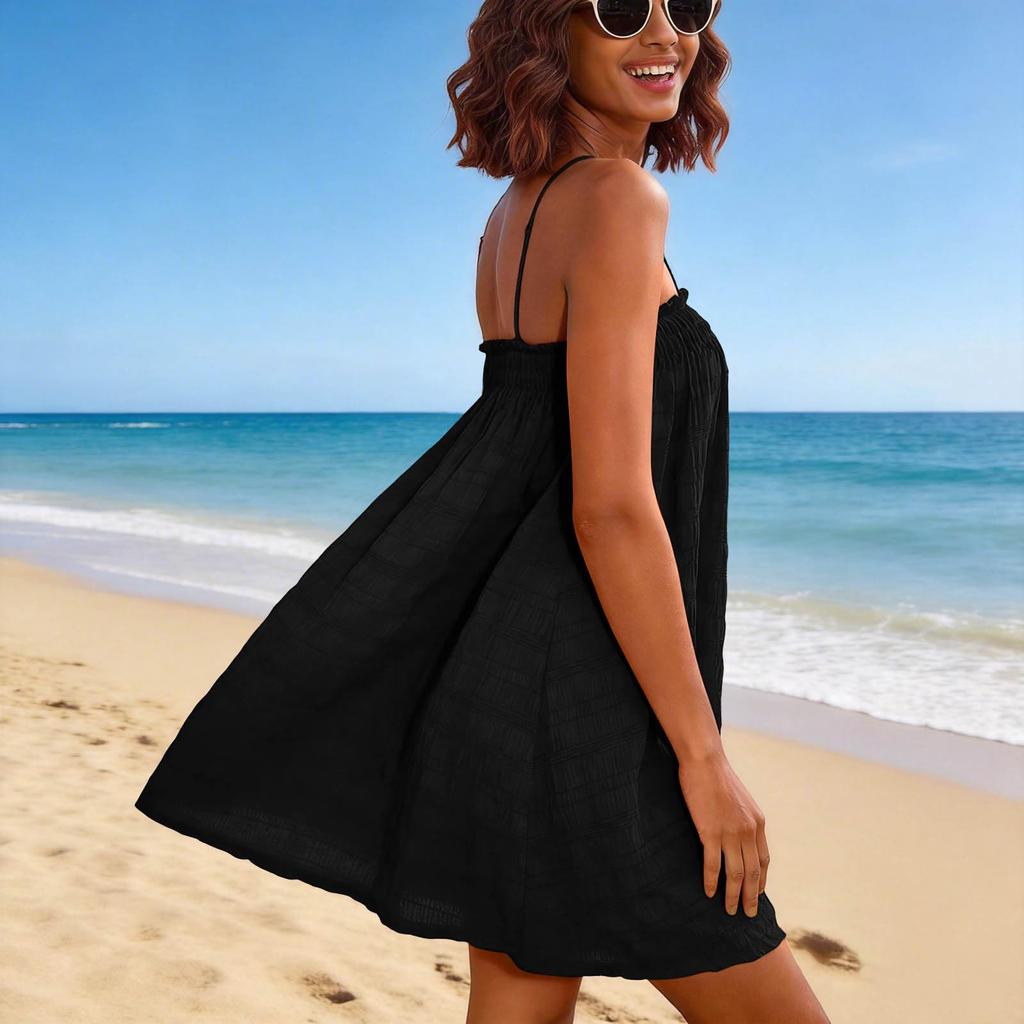 Women Sleeveless Loose Fit A-Line Mini Dress with Spaghetti Straps and Pockets Lightweight Summer Casual Dress