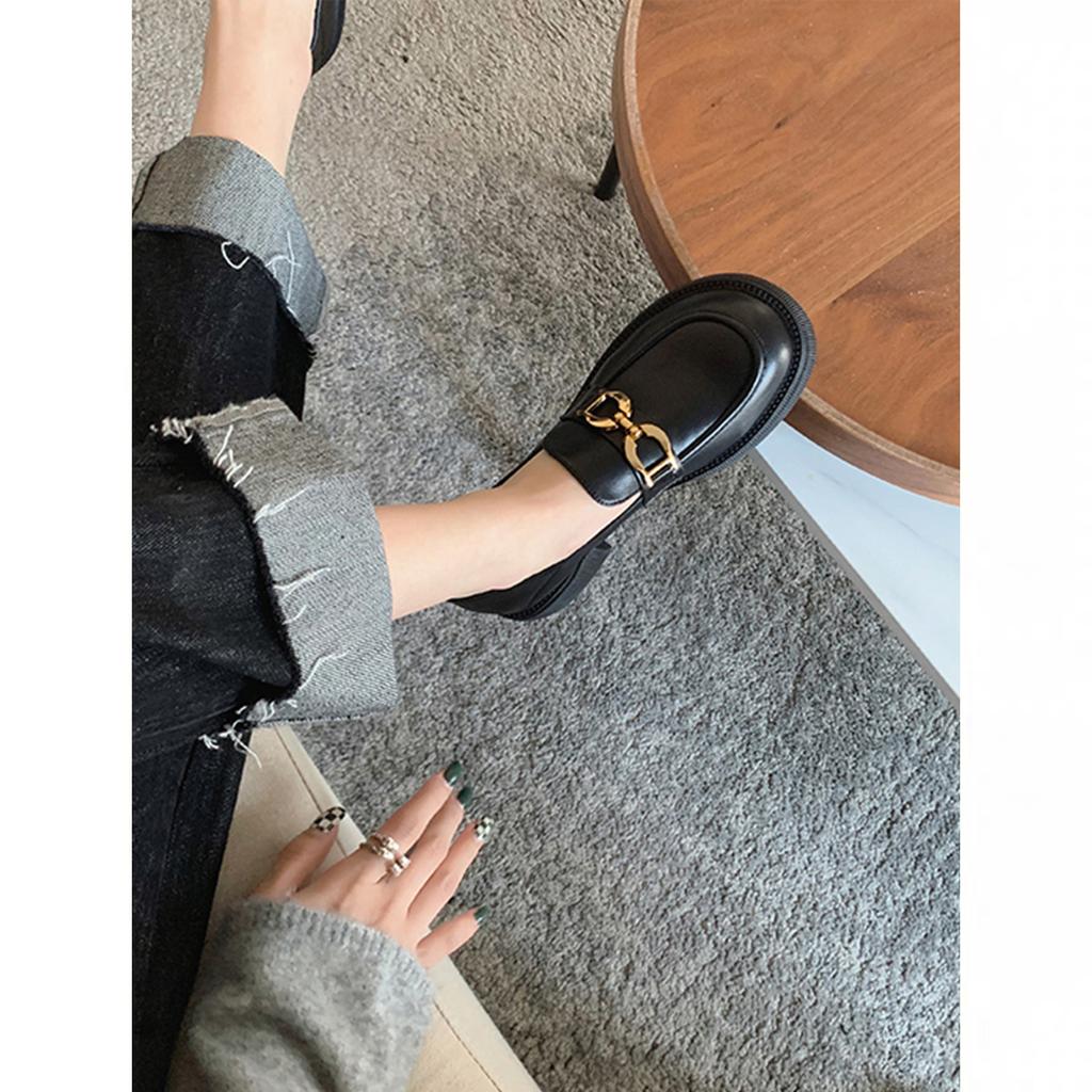 Platform loafers women's summer 2025 new one-pedal women's shoes spring and autumn British style small leather shoes black single shoes