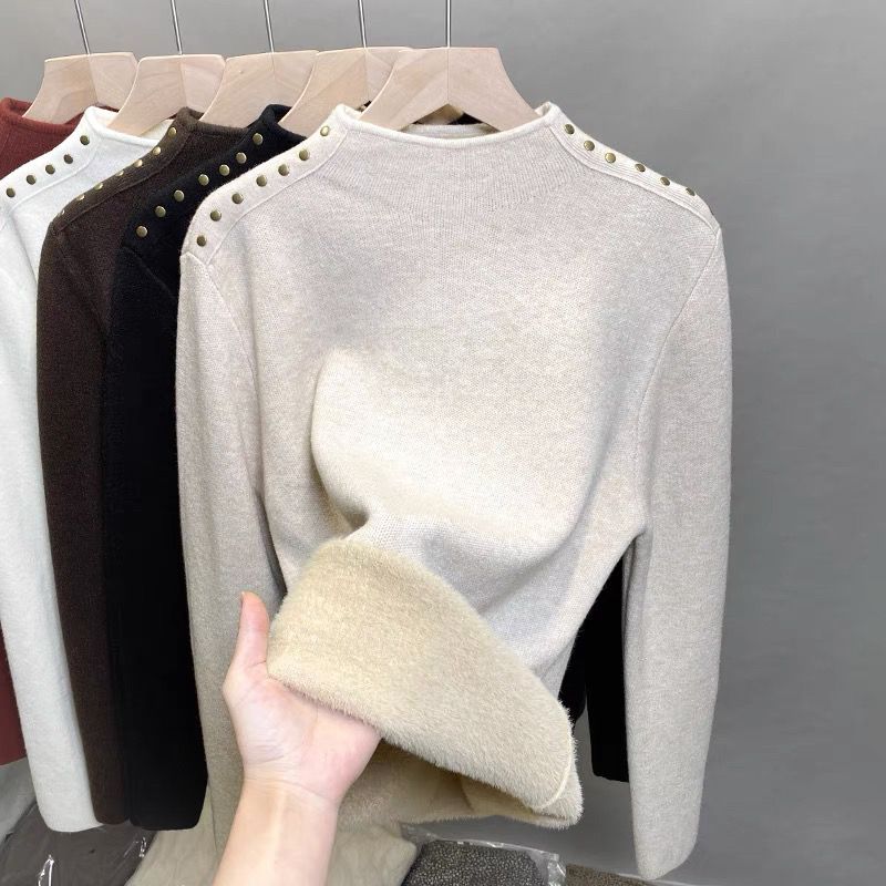 One Piece Velvet High Neck Sweater with Thick Velvet Base for Women Winter Rivet Knitted Sweater with Inner Top