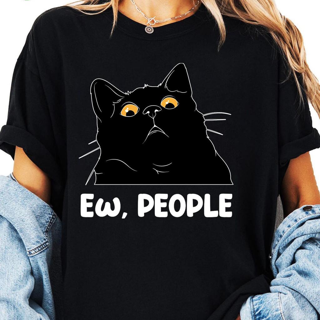 Womens Black Cat Graphic Print TShirt Breathable Stylish Versatile Street Style Streetwear