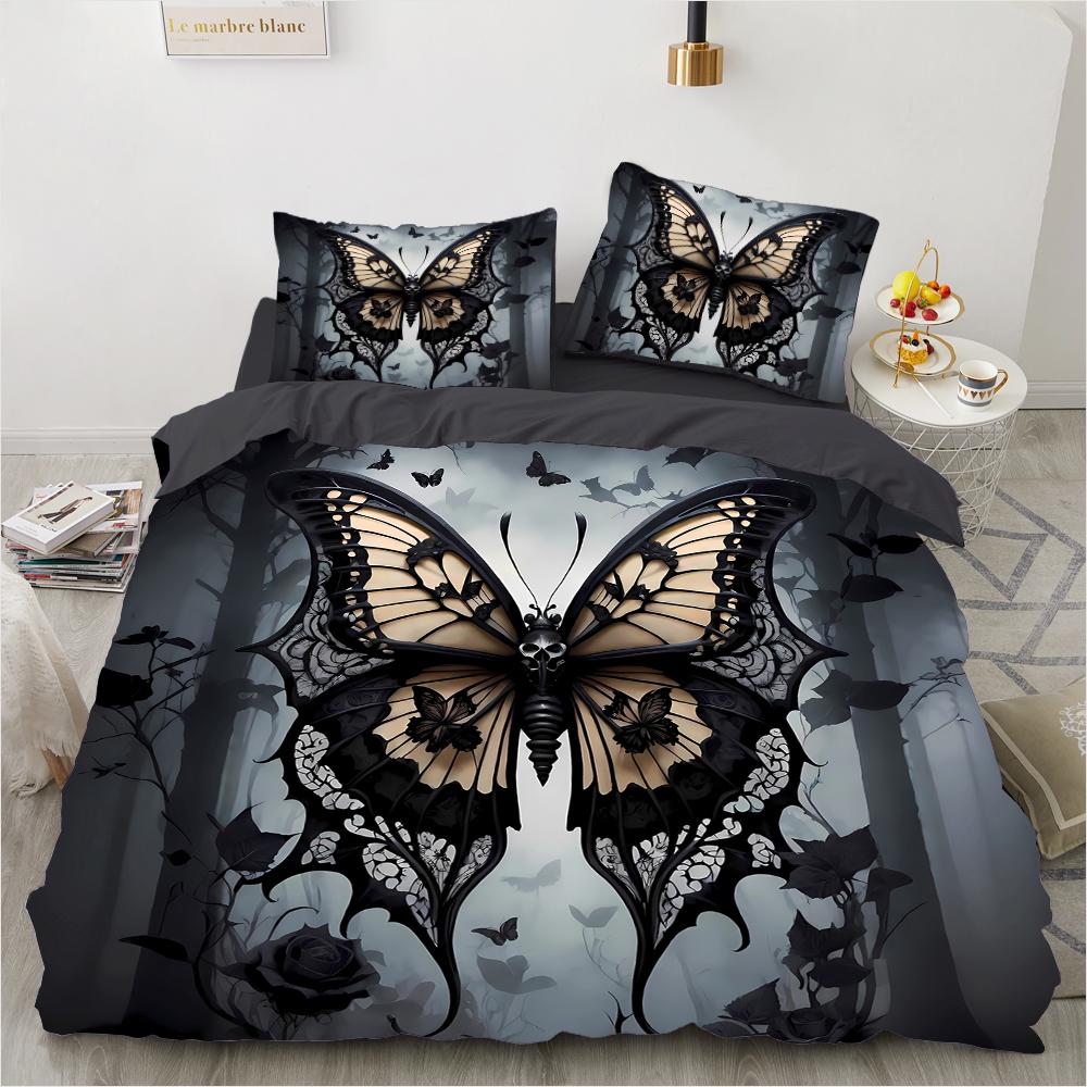 Padrão colorido retrô de borboleta com impressão 3D (conjunto de três peças) conjunto de cama de casal queen size fronha edredom