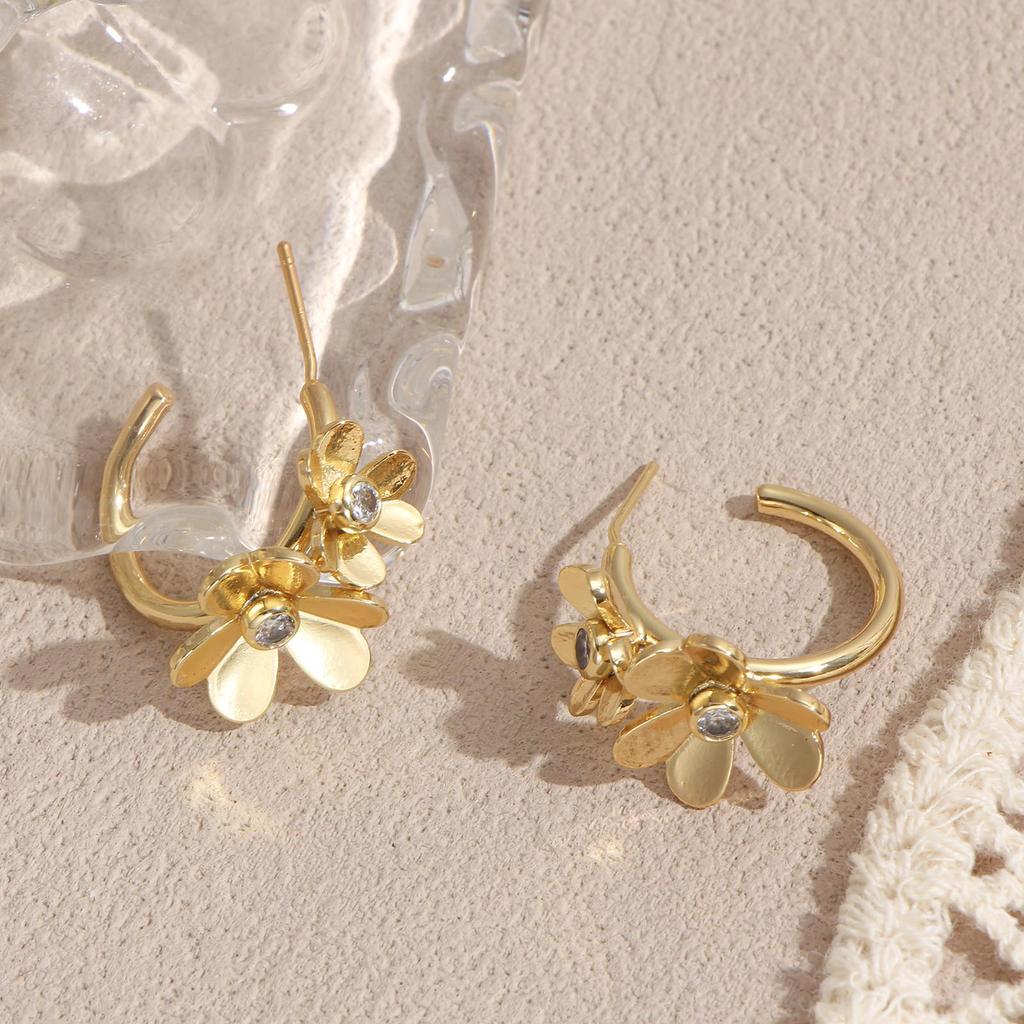 Copper 3D Double Flower C-Stud Earrings with Cubic Zirconia - Elegant Women's Jewelry
