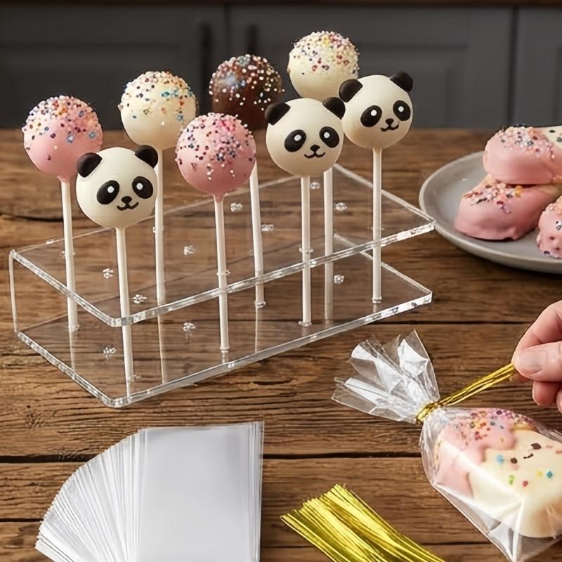 Cake Molds Set with 12-Hole Acrylic Stand, Paper Sticks, Wooden Sticks and Twist Ties, Cellphone Bags for Dessert Display, Preps, Serving and Party