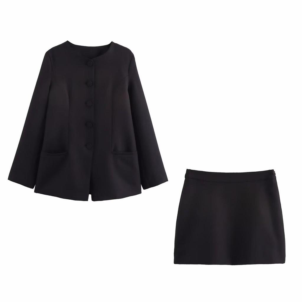 2025 Spring Women's Two-Color Round Neck Suit & Skirt Set - European & American Style