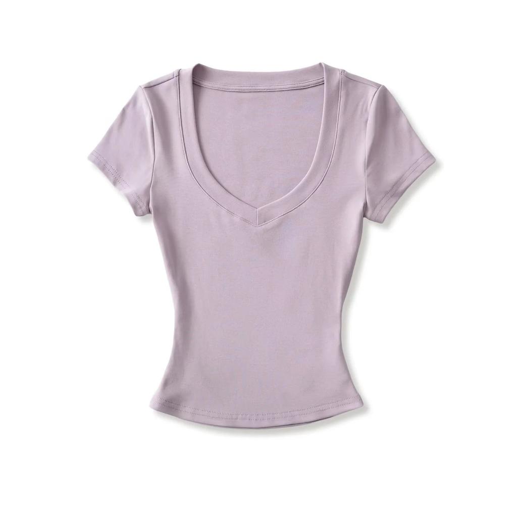 Peach Heart Neck Short-sleeved T-shirt Women's Summer New American Spice Girl Solid Color Basic Slim-fit Front Shoulder Bottoming Top