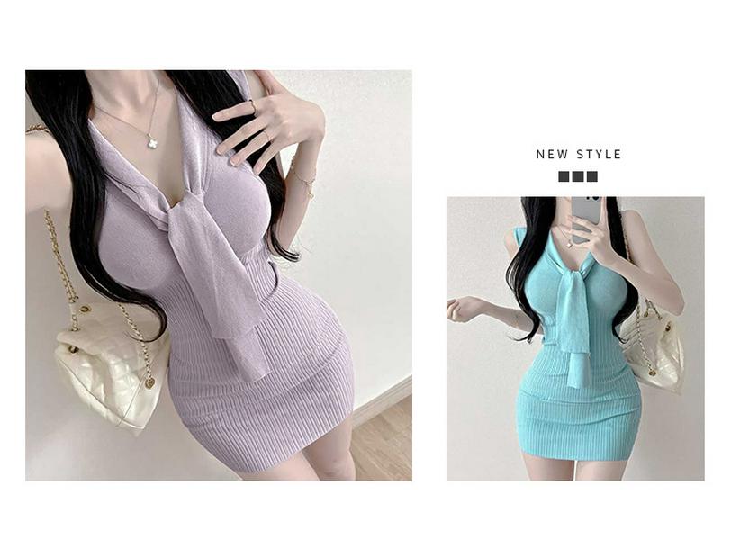 Korean Dongdaemun Slim Knit Dress - Sleeveless, Sash-Detail, Sexy & Elegant Femininity Style