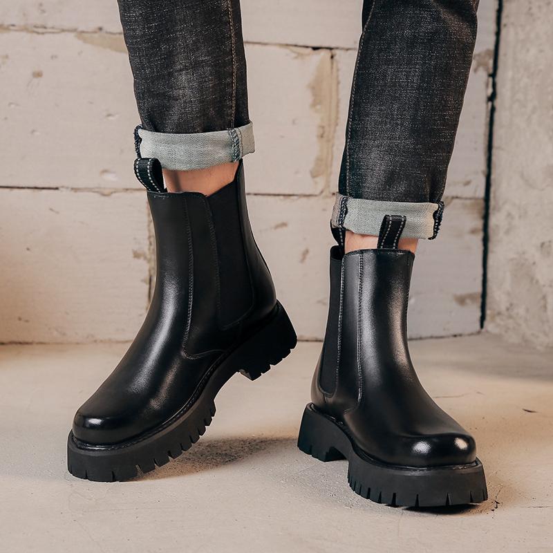plus size mens casual high chelsea boots black autumn winter shoes cowboy natural leather boot handsome platform long botas mans