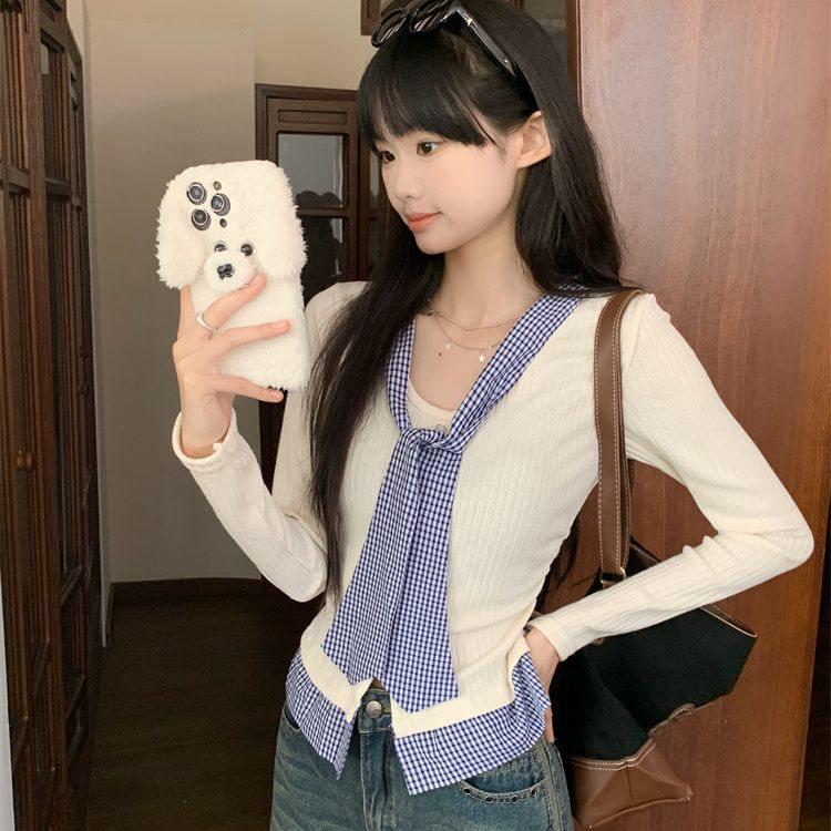 

Preppy Plaid Patchwork Two-Piece Knit Sweater: Women s Autumn/Winter Korean Style Blouse M recommended for 45-50kg