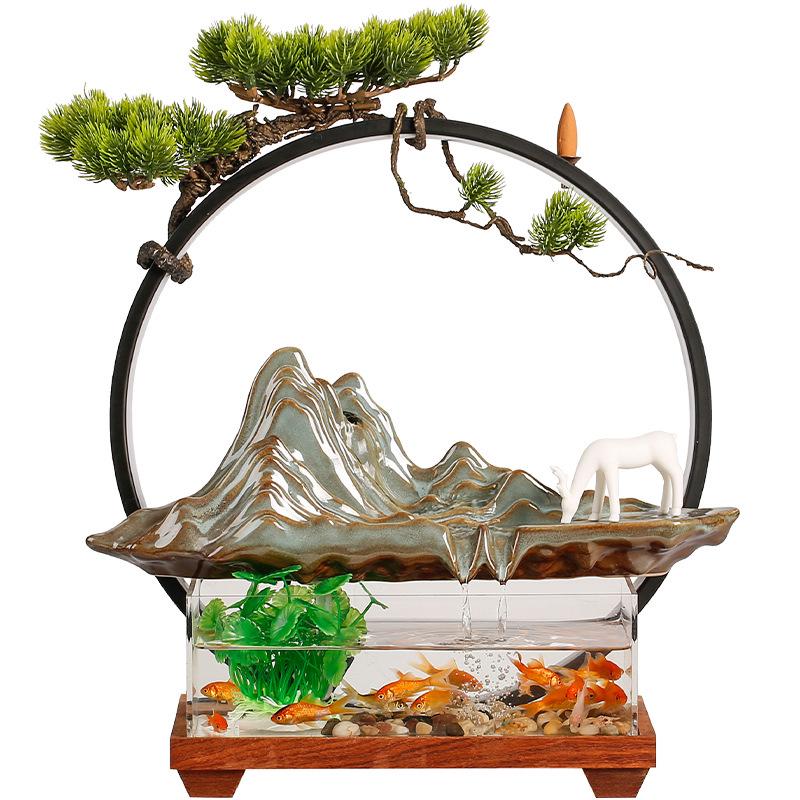 Chinese Wealth-Attracting Water Fountain with Fish Tank - Creative Ornament for Home or Office