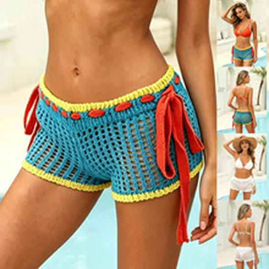 2024 Crochet Hollow Out Drawstring Beach Shorts Bikini Cover-Up Swimwear Bottoms