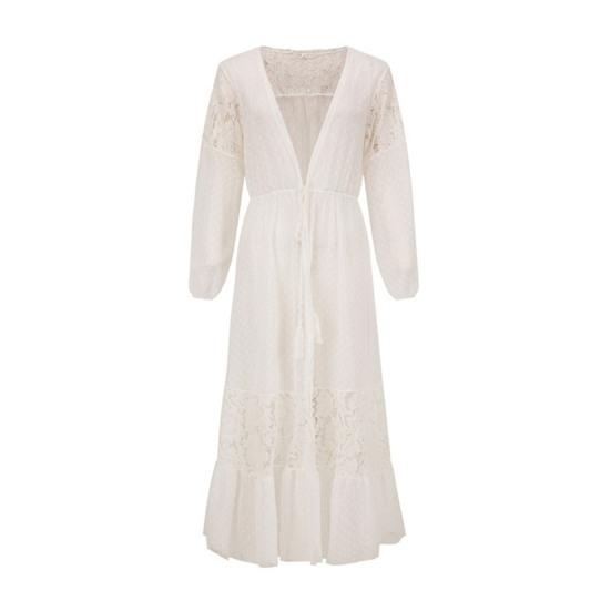 Summer Bikini Cover Up See-through Lace Long Sleeves Thin Cardigan Tassel Sunscreen Patchwork Lace