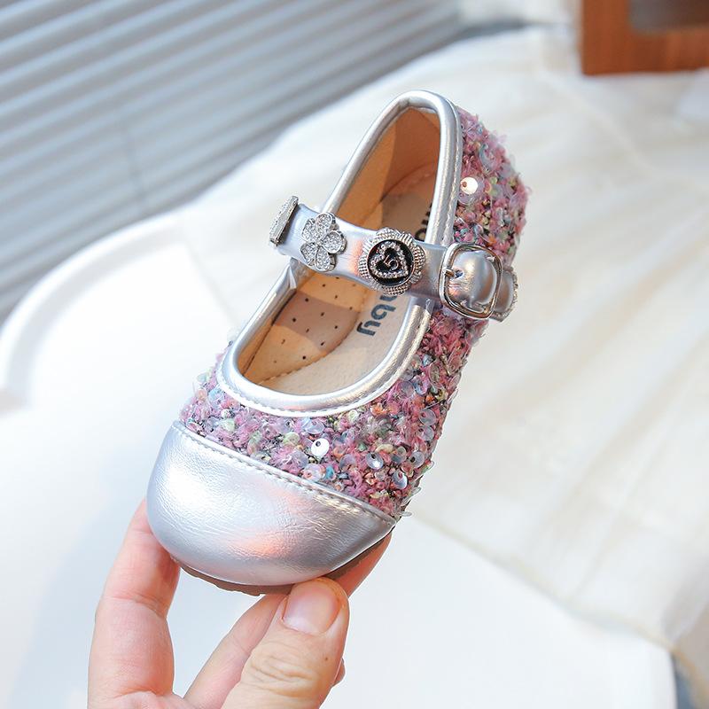 Girls Mary Janes Round Toes Sweet Kids Dance Shoes Ins Trendy Pu Leather Soft Sole 2025 New Girls Princess Shoes Shiny Sequins