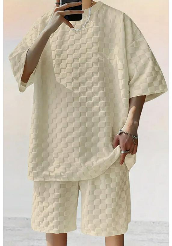 

Men s Summer Jacquard Plaid T-Shirt & Plus Size Shorts Set XL абрикосовый