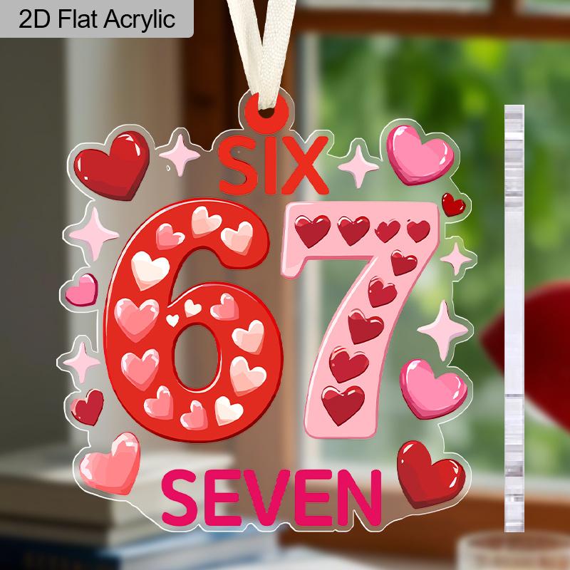 Happy Valentine's Day, 67 Six Seven Sign, Pink Love Heart Pattern, Acrylic Pendant, Party Holiday Decor, Home Decor, Window Pendant Decor, Decor Sign