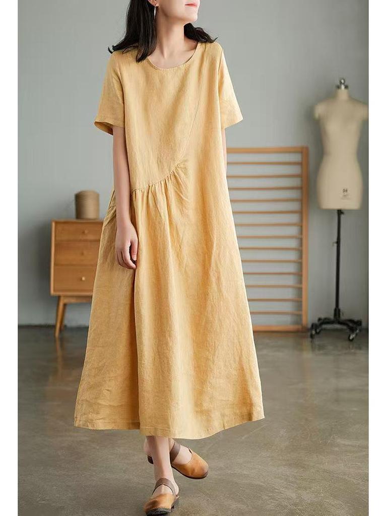 Japanese Women's Loose-Fit Cotton & Linen Irregular Hem Dress