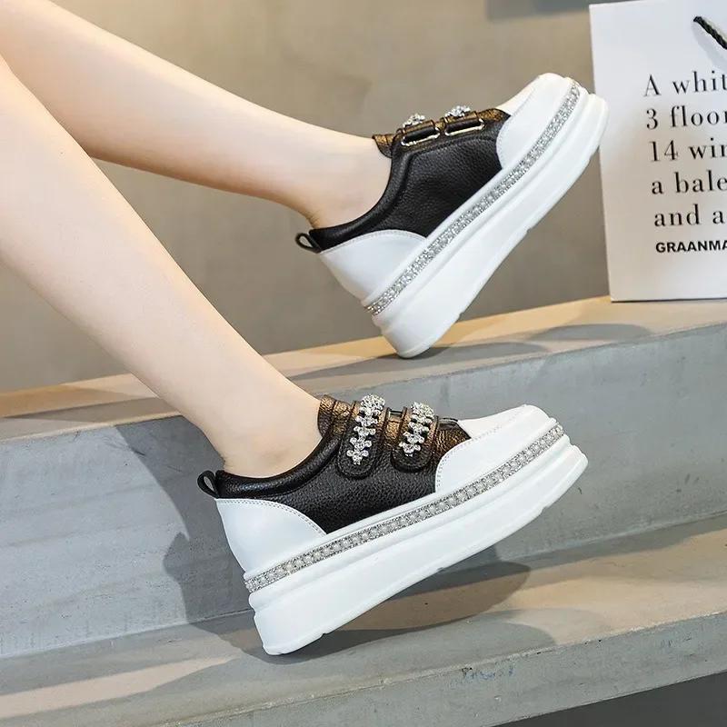 Fashion Top quality 7cm Skate Board Vulcanized Chunky Block Boot Bling Platform Wedge Sneakers Cow Genuine Leather Breathable lady Shoes