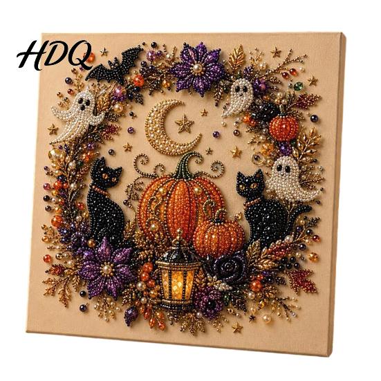 Happy Halloween Atmosphere Decor Ghost Faux Pearl Art DIY Kit Spooky 3D Bead Unique Home Painting Crafts Gothic Wall for Adults Beginners Decorative